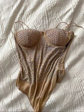 Haute Monde Nude Bodysuit with Iridescent Rhinestones